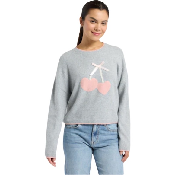 Pink Rose Sweaters - Pink Rose Gray Crewneck Sweater Hearts Cherries Size XL NWT Boxy Soft Girl